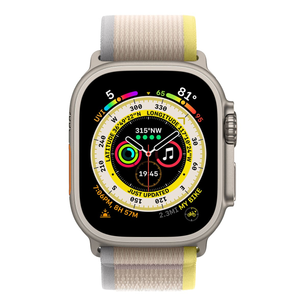 Apple Watch Ultra, 49 мм корпус из титана цвета «Natural», ремешок Trail Loop размера M/L цвета «Yellow/Beige»