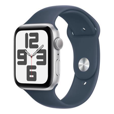 Apple Watch SE (2023), 44 мм корпус из алюминия цвета «Silver», ремешок Sport Band размера S/M цвета «Storm Blue»