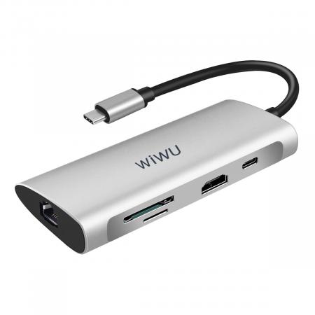 Хаб WiWU Alpha 3*USB3.0+SD+Micro SD+HDMI+RJ45+Type C (831HRT) Серый